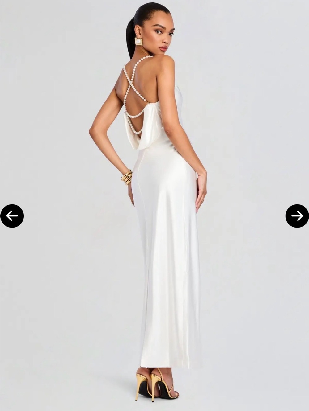 Retrofete White Satin Backless Slip Dress with Pearl Straps